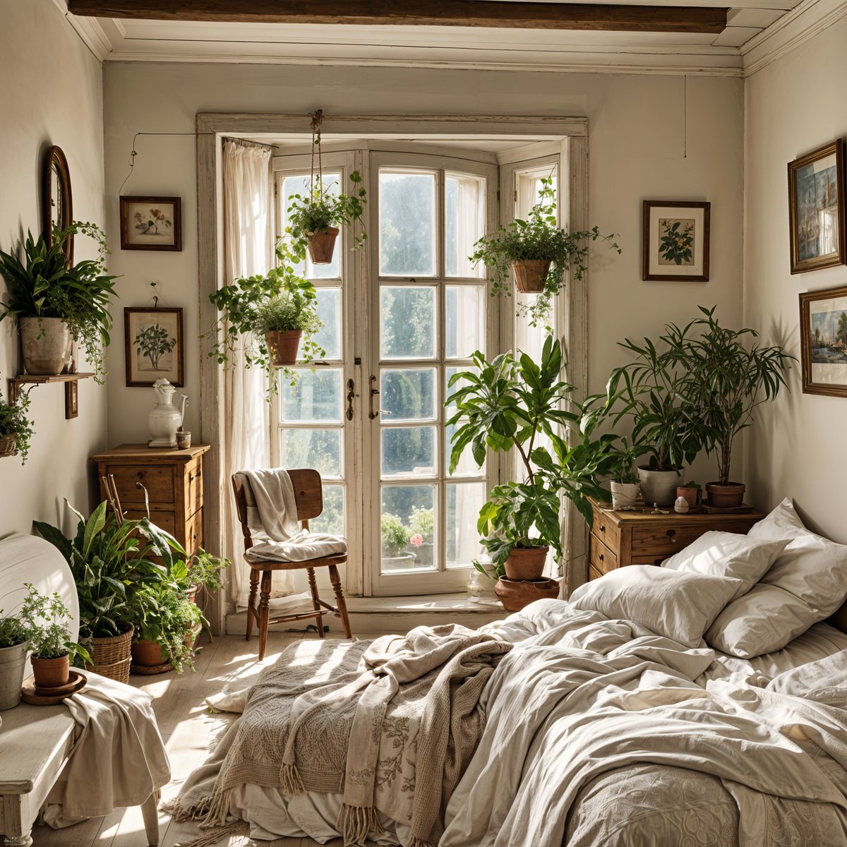 Cottage bedroom with a large bed, a chair, and several potted plants. The room is filled with natural light from the open window, creating a warm and inviting atmosphere.