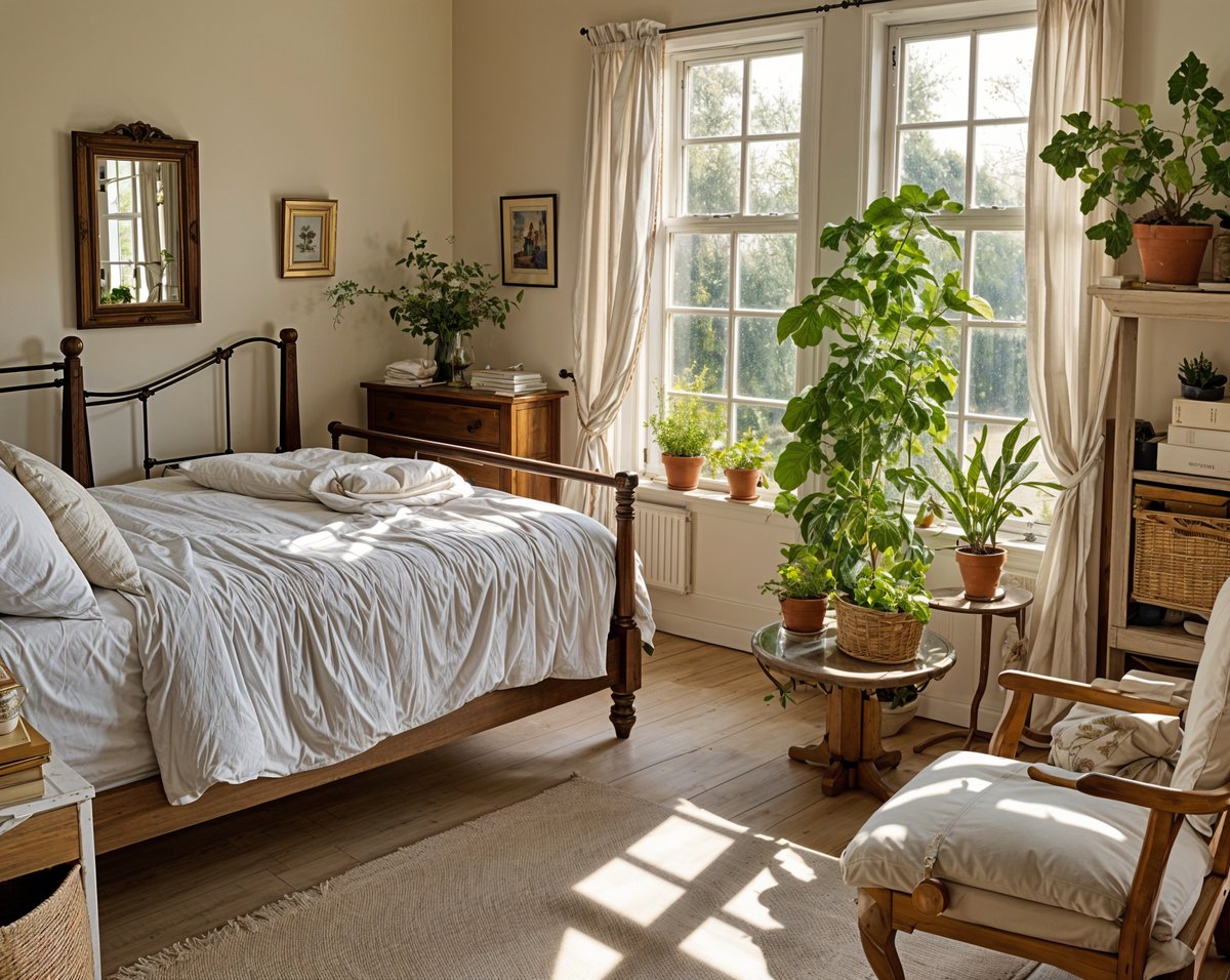 A cozy cottage bedroom with a large bed, a chair, and a window. The room is decorated with potted plants and vases, creating a warm and inviting atmosphere.