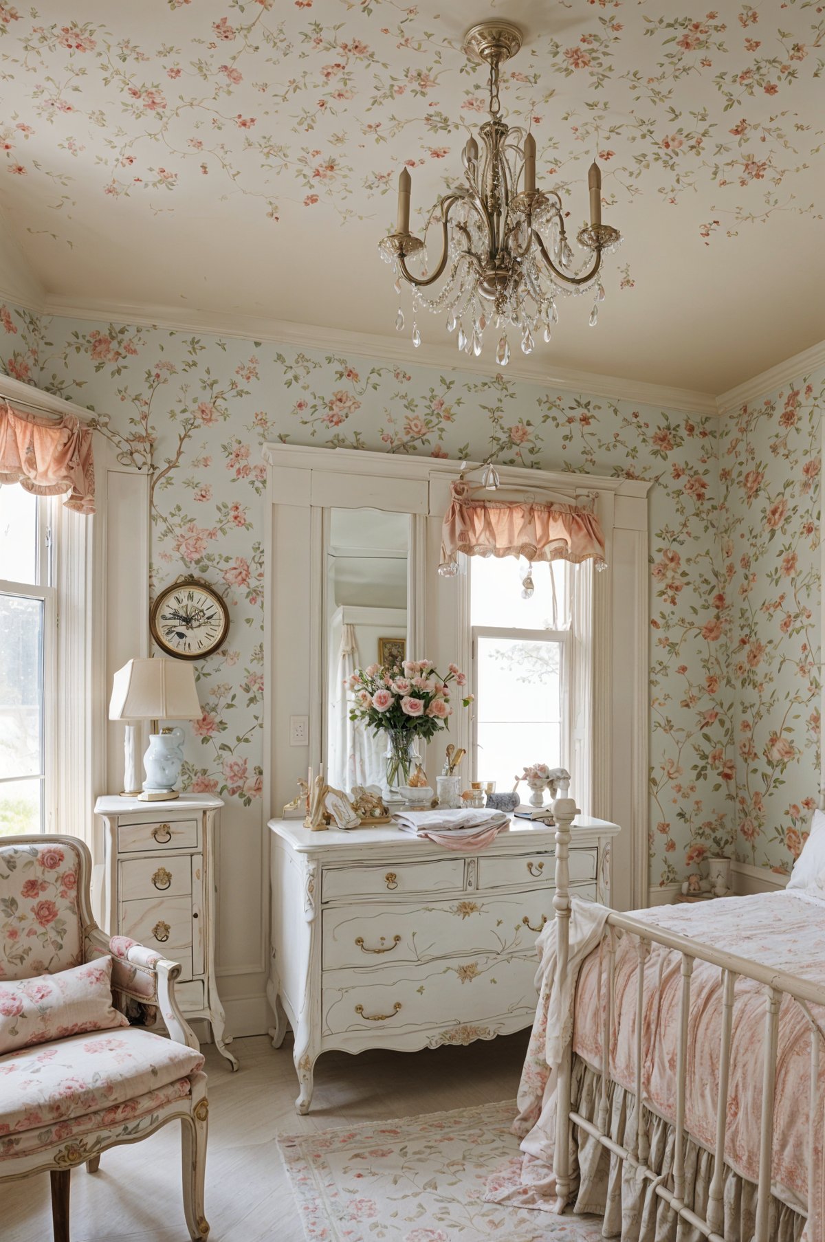 A bedroom with a white dresser, a bed, and a clock. The room is decorated with floral wallpaper and has a chandelier hanging from the ceiling.