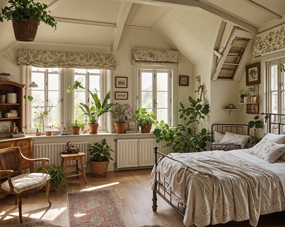 A bedroom with a bed, a chair, and many potted plants. The room is filled with greenery and has a cozy atmosphere.