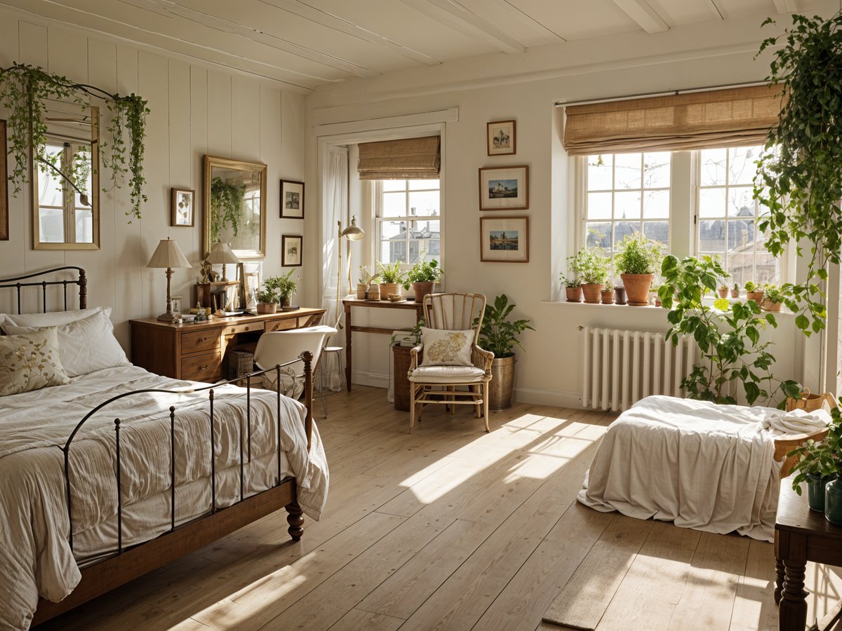 A cozy cottage bedroom with two beds, a chair, and a large window. The room is filled with various potted plants, creating a warm and inviting atmosphere.