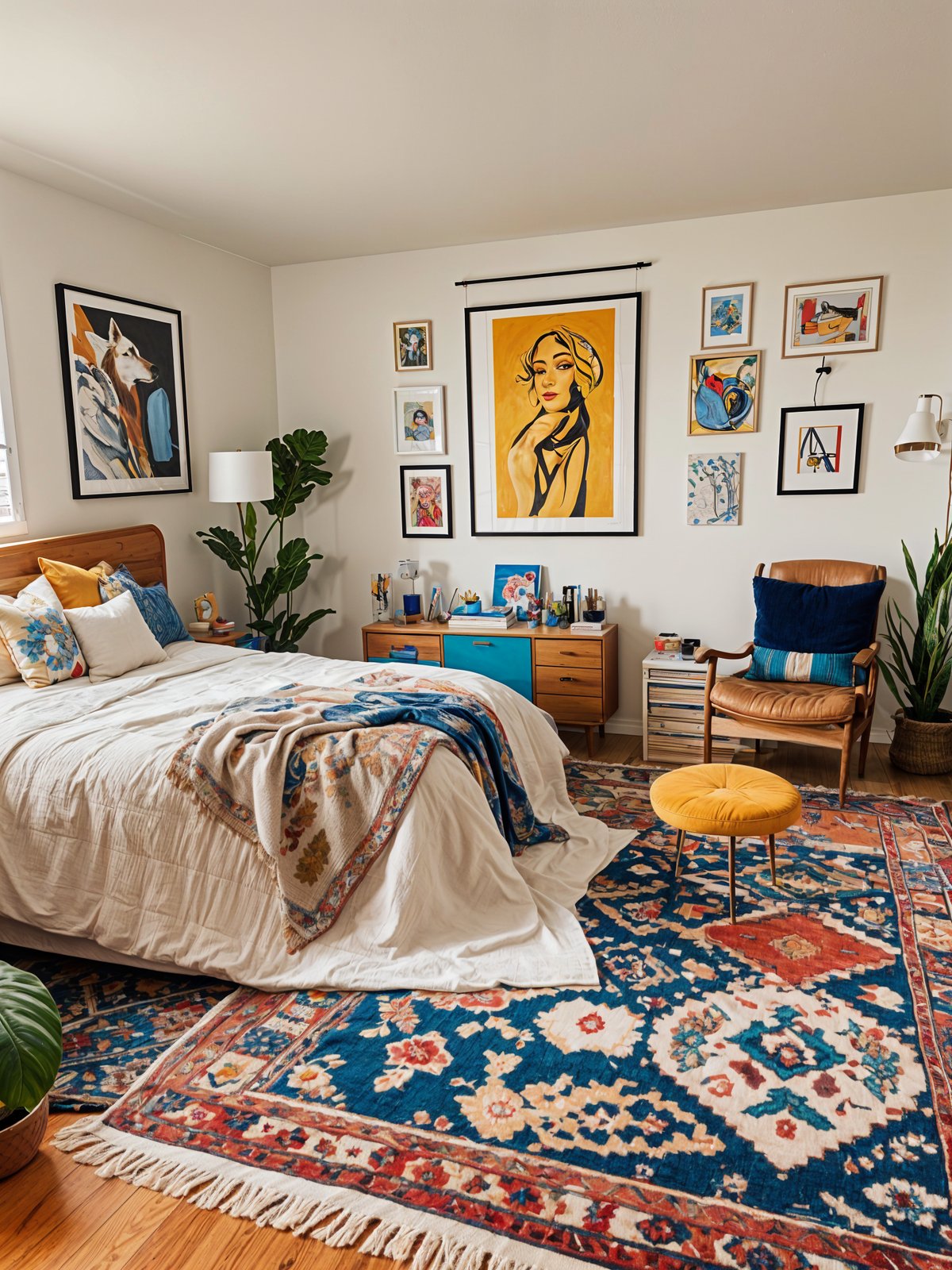 A bedroom with an eclectic design style, featuring a bed, chair, and various artwork on the walls. The room is decorated with potted plants and has a colorful comforter on the bed.