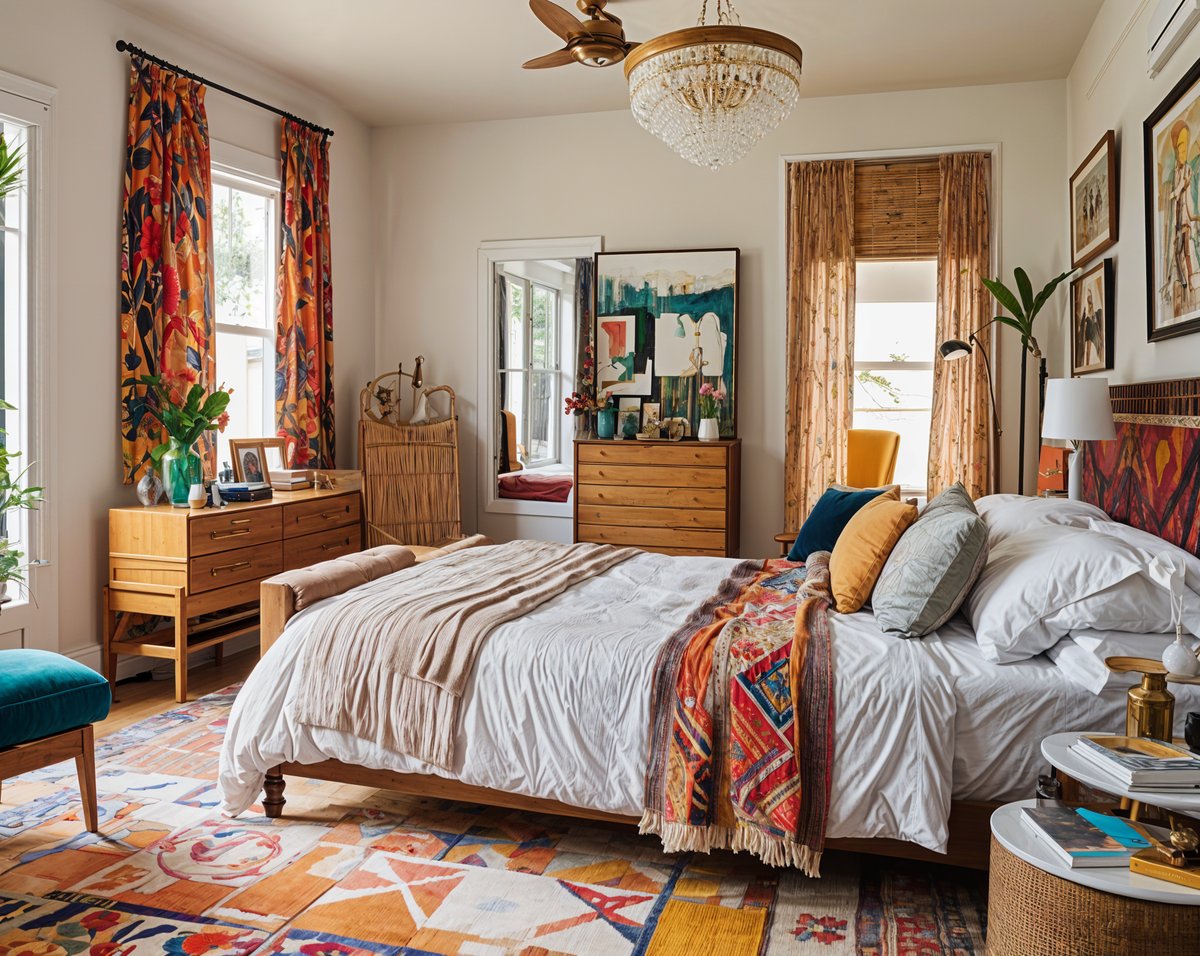 A bedroom with a large bed and eclectic decorations