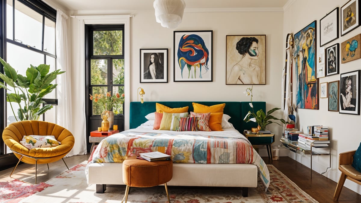 An eclectic bedroom with a colorful quilt, green headboard, and artwork on the walls.