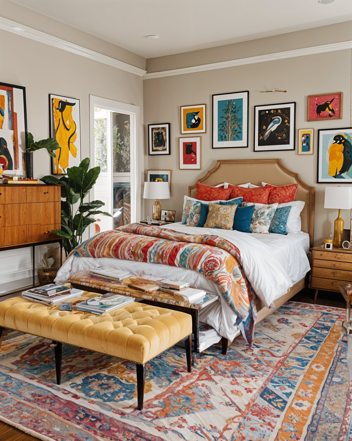 A bedroom with a large bed and eclectic artwork. The room is decorated with a colorful bedspread and features a bench at the foot of the bed.