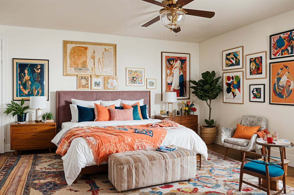 An eclectic bedroom with a large bed, bench, and artwork on the walls.