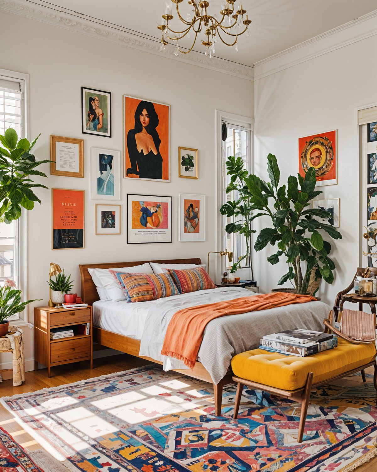 Eclectic bedroom with a colorful blanket, potted plants, and artworks on the walls.