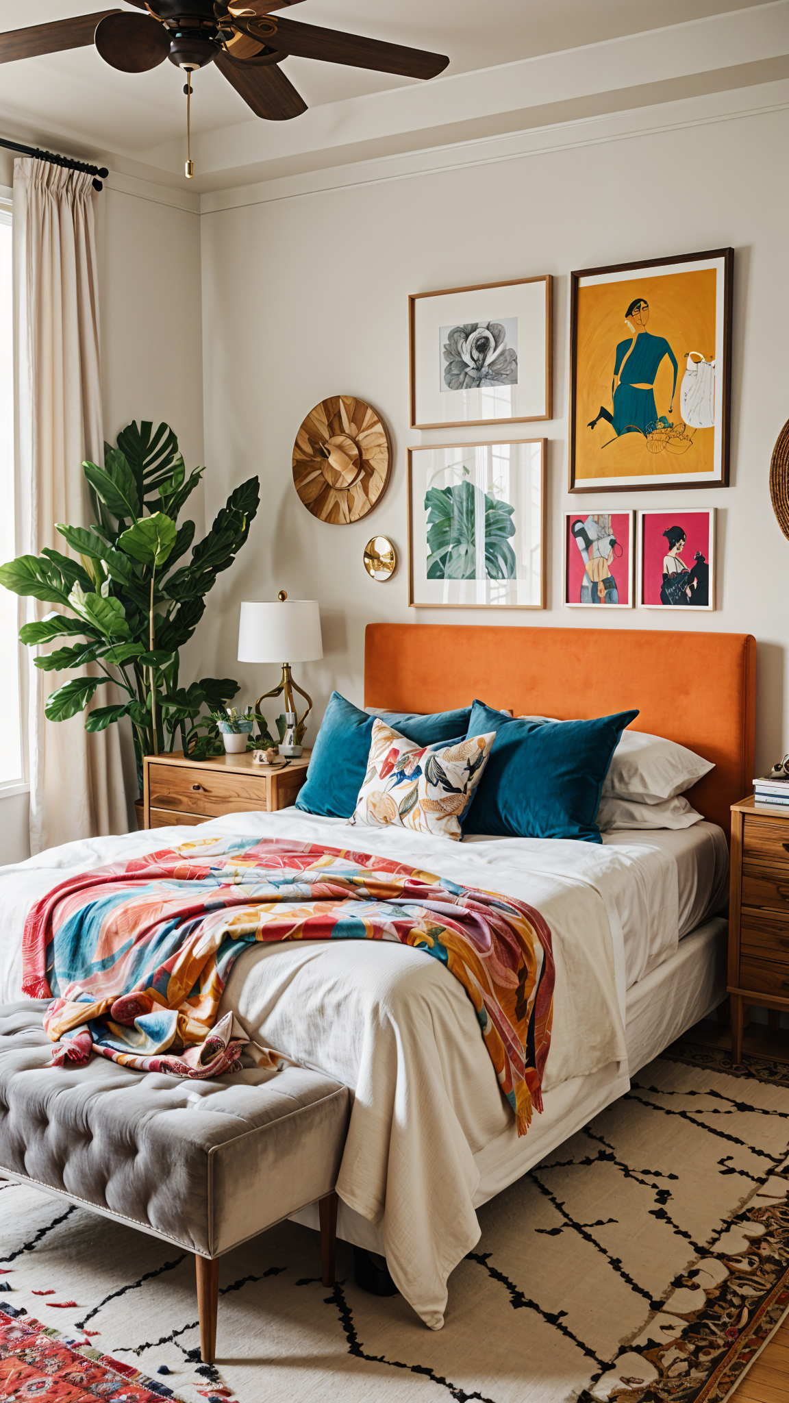 Colorful bedroom with eclectic design and artworks