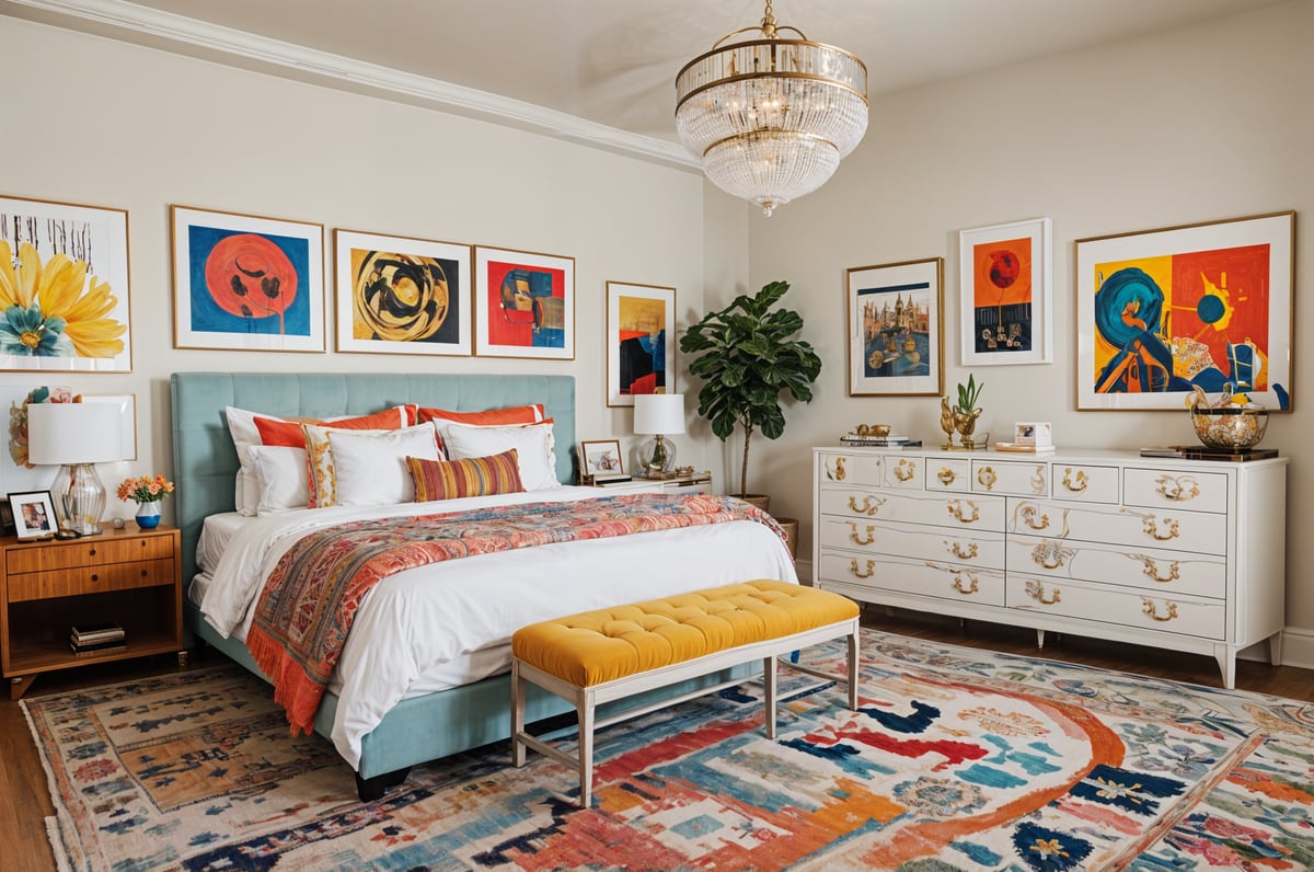 A bedroom with a large bed, a yellow bench, and eclectic artwork. The room is decorated with potted plants and features a chandelier hanging above the bed.