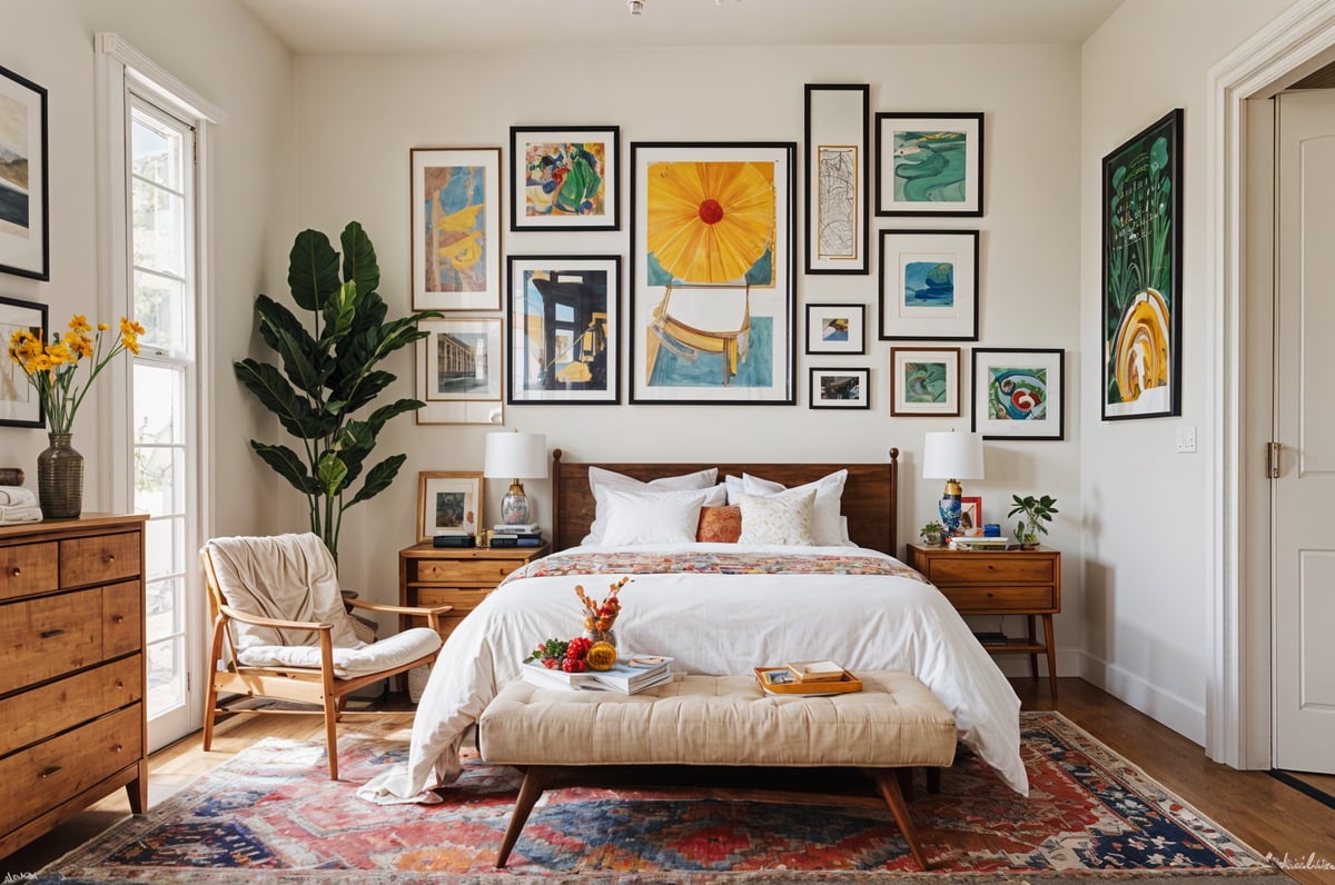 An eclectic bedroom with a large bed, a bench, a chair, and a rug on the floor.