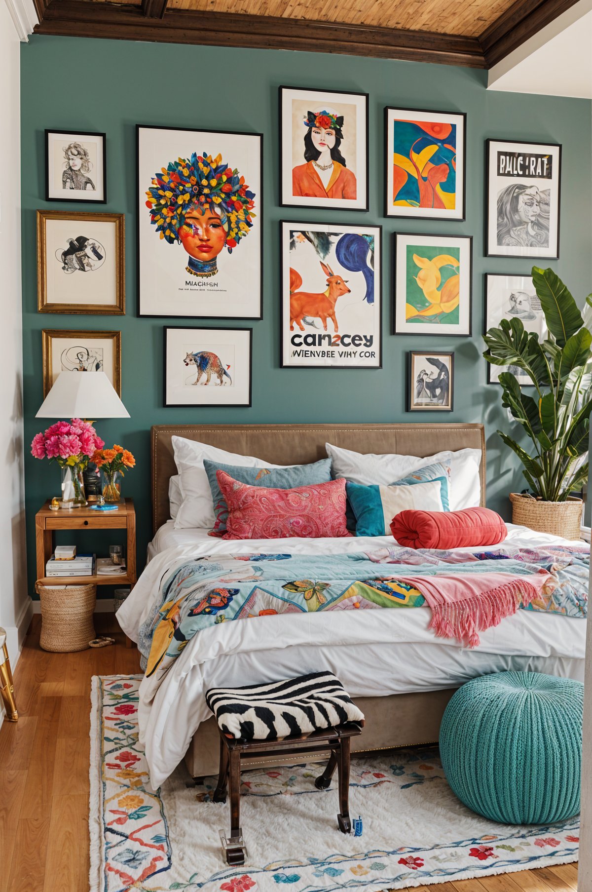 Colorful eclectic bedroom with a bed adorned with pillows and a blanket, artwork on the wall, potted plant and vase.