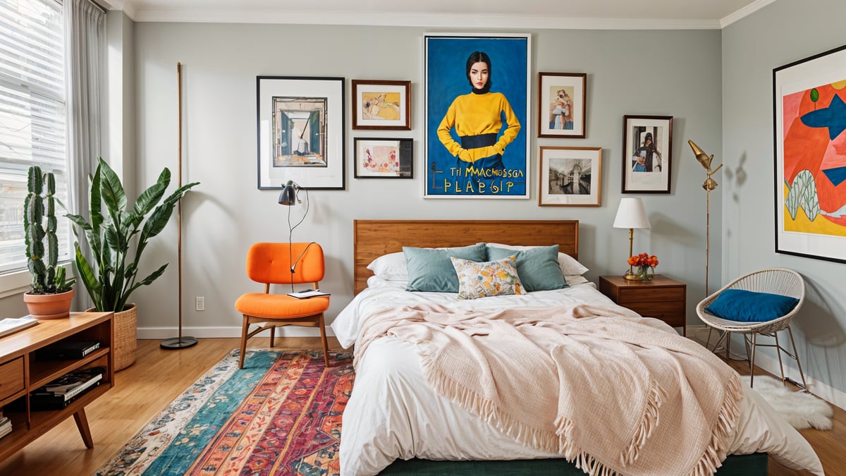 A bedroom with a large bed, eclectic artwork, and a colorful throw blanket.