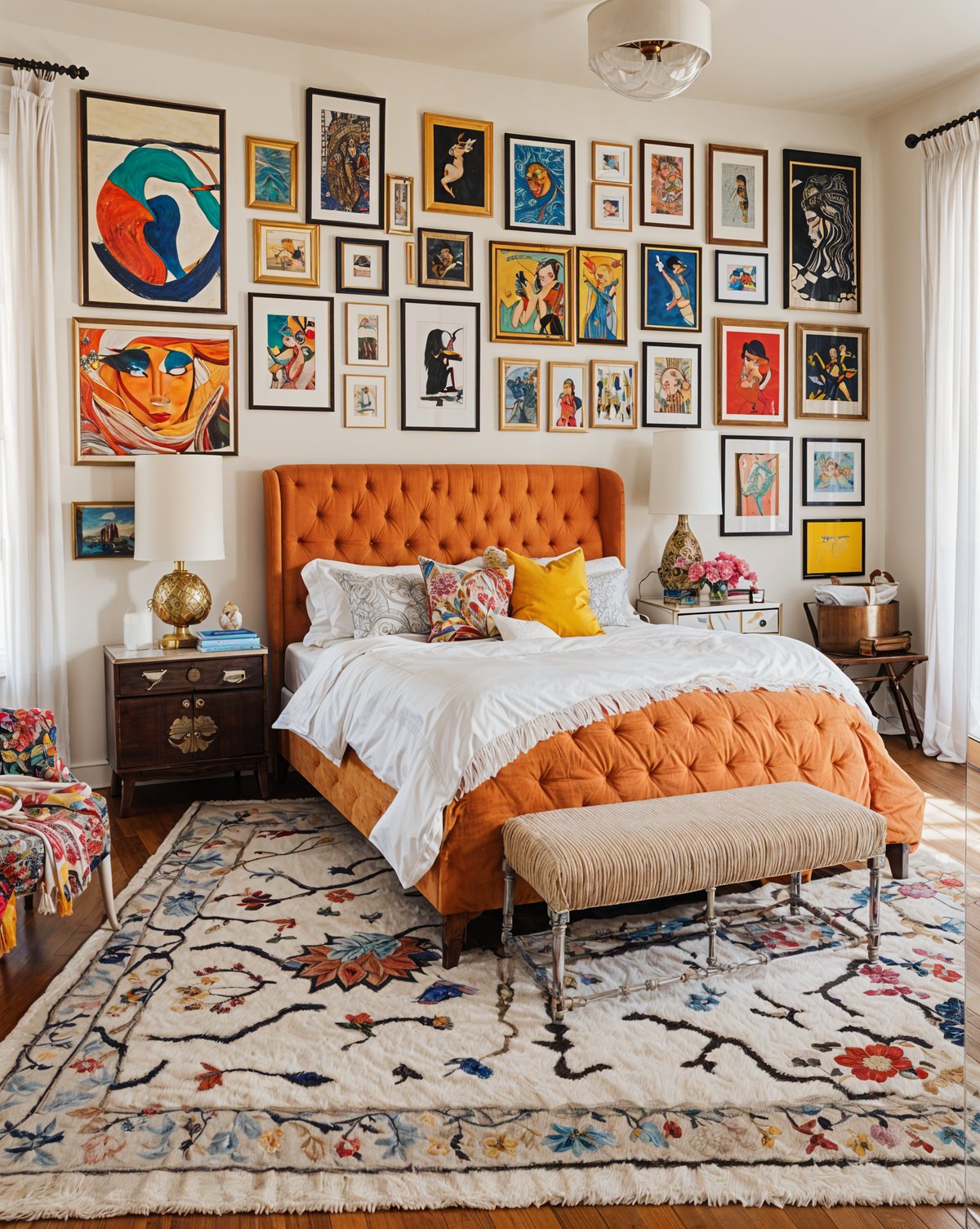 An eclectic bedroom with a large orange bed, white comforter, and yellow pillow. The walls are adorned with numerous pictures, creating a visually rich and unique atmosphere.