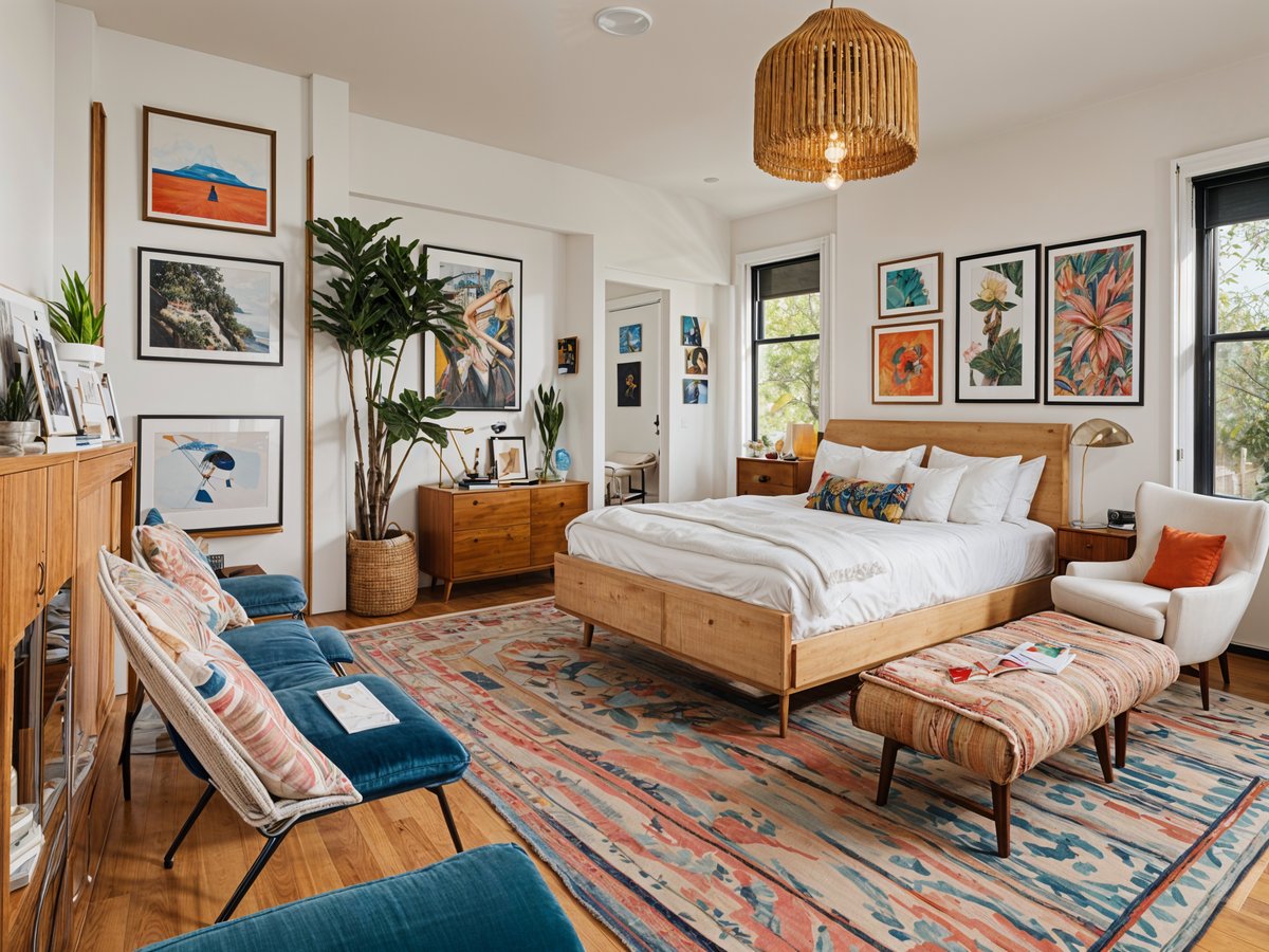 Eclectic bedroom with a large bed, couch, rug, artworks, potted plant, and window