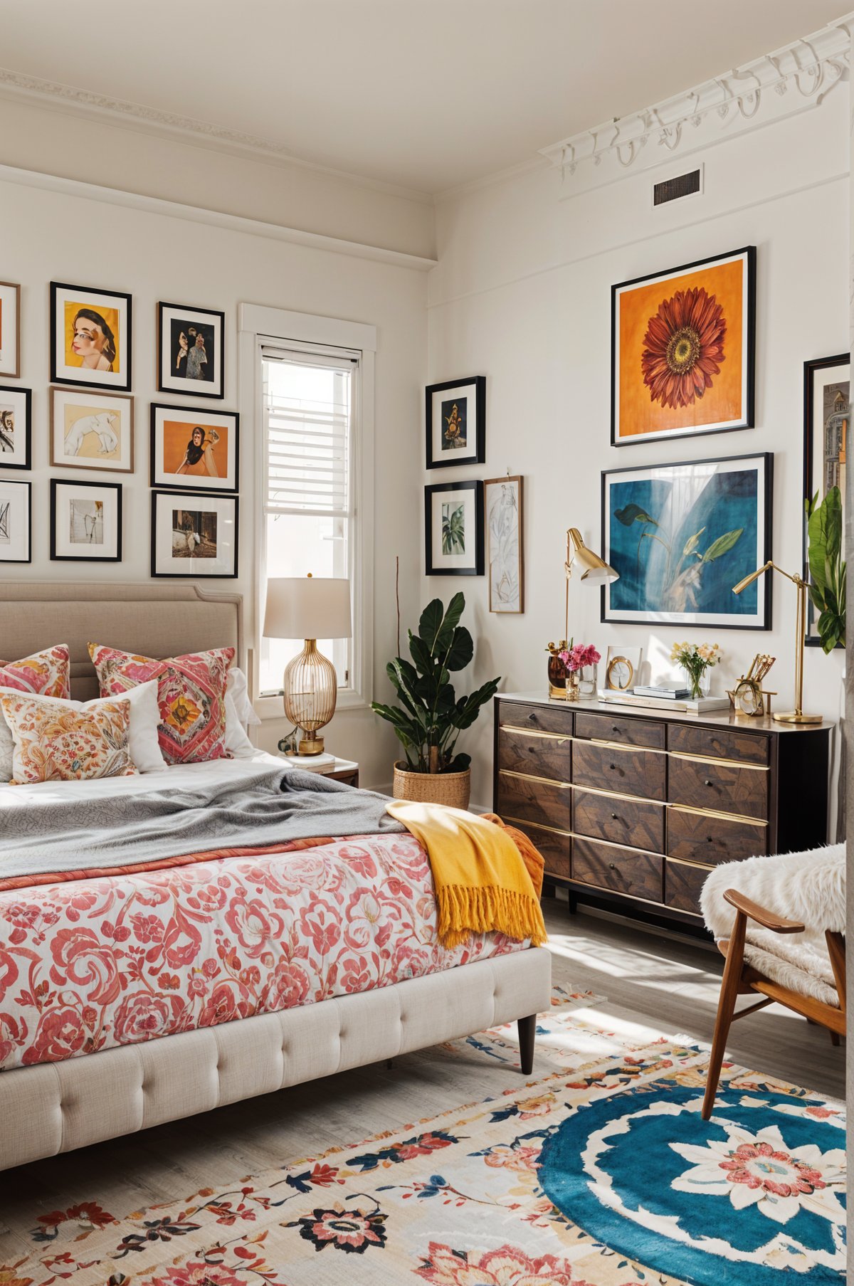 Eclectic bedroom with a colorful comforter and pillows, potted plant, vase, and pictures on the wall.