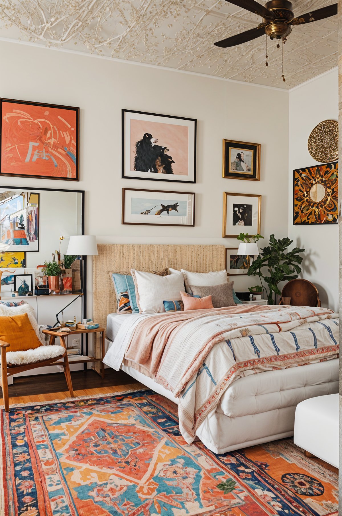 A bedroom with a large bed, wooden headboard, and eclectic artwork on the walls.