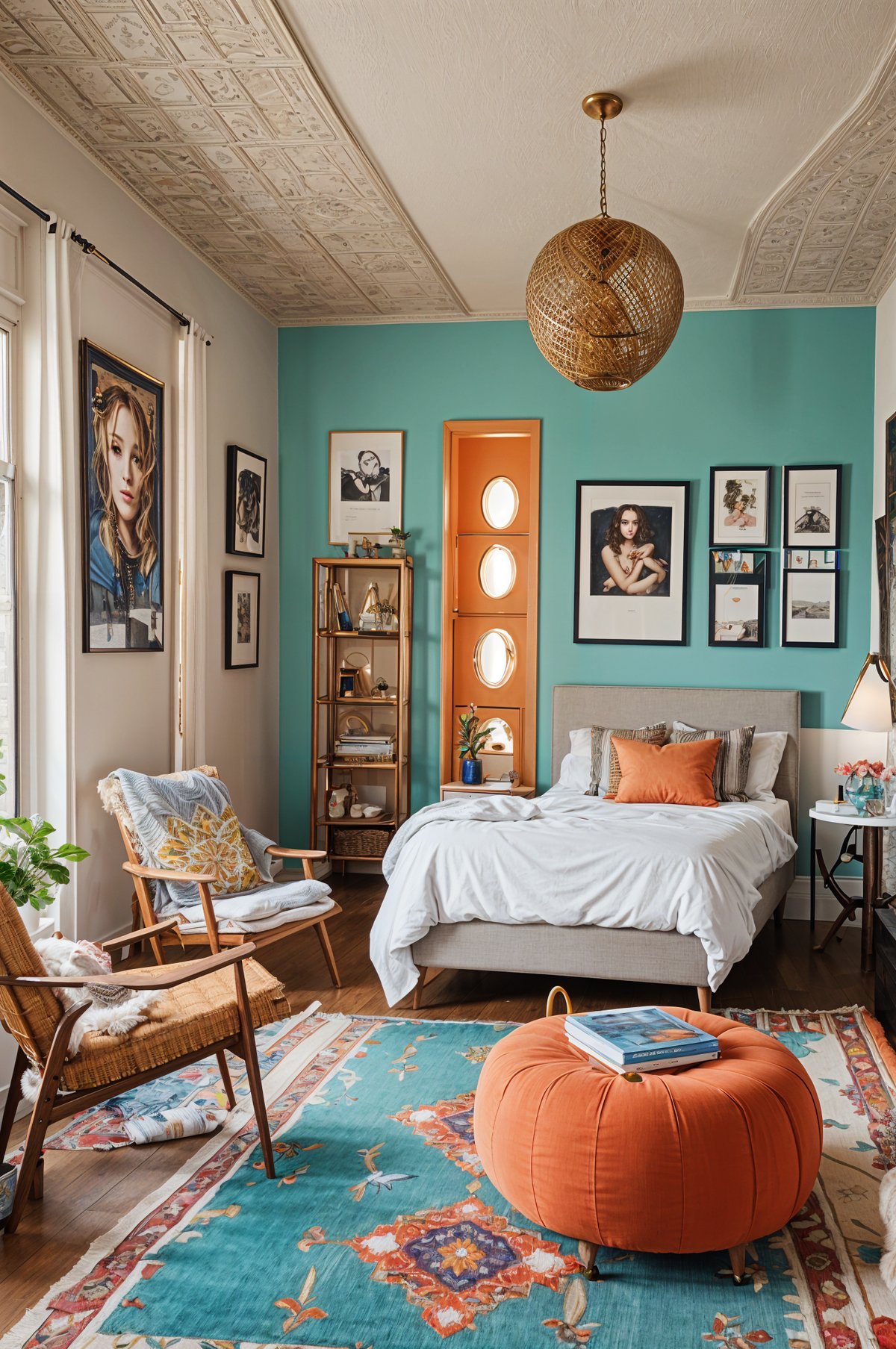 An eclectic bedroom with a large orange pillow on the bed, art pieces on the walls, and a cozy atmosphere.