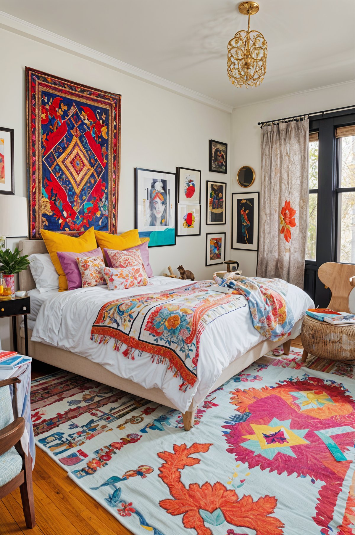 A cozy eclectic bedroom with a large bed, colorful comforter, and various pillows.