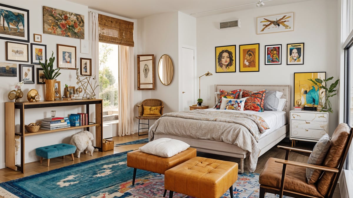 A large bedroom with an eclectic design style, featuring a mix of different design elements and a colorful comforter on the bed.