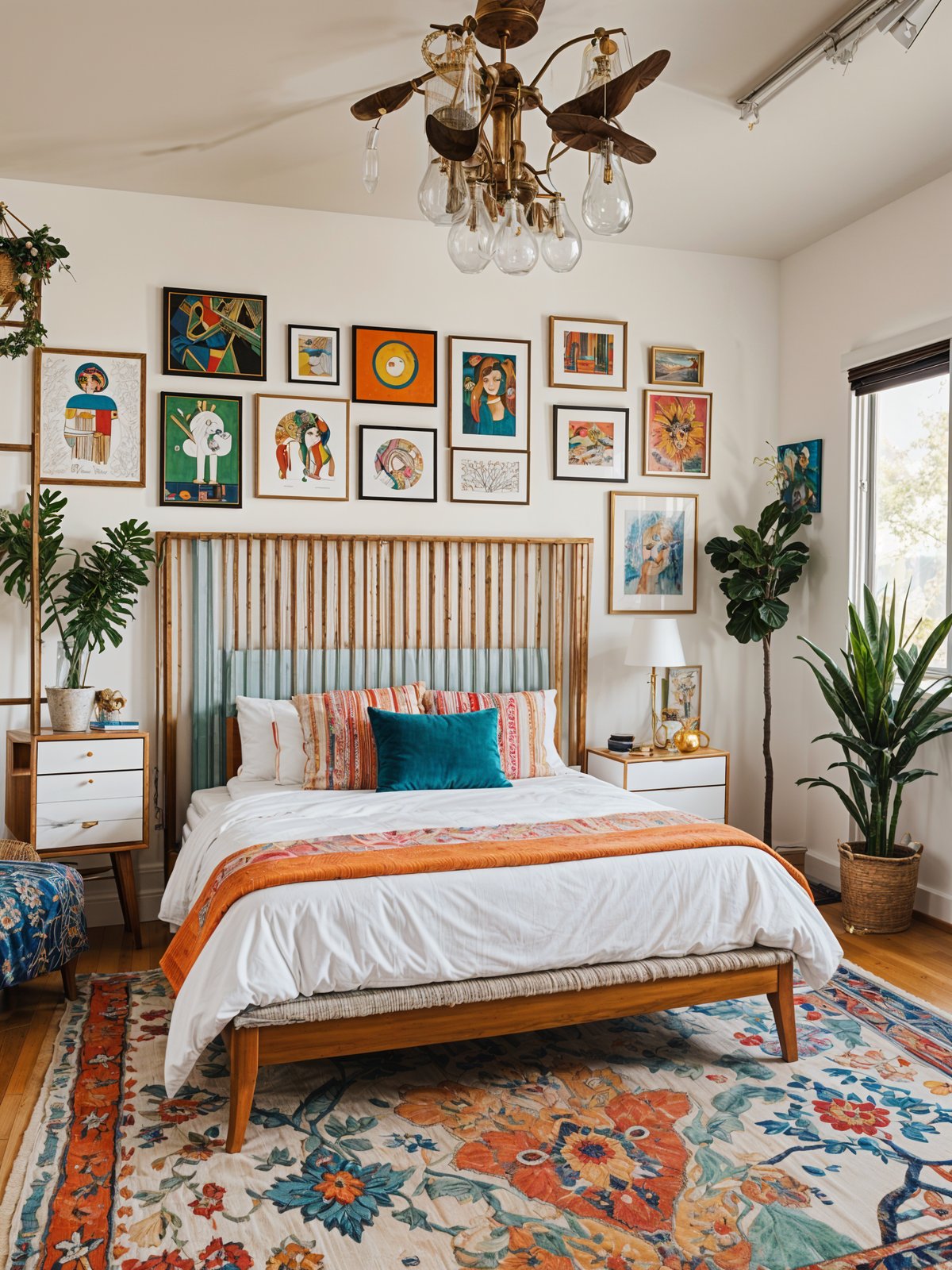 A bedroom with an eclectic design style, featuring a large bed, wooden headboard, and a variety of artwork on the walls. The room also has several potted plants, adding a touch of greenery to the space.