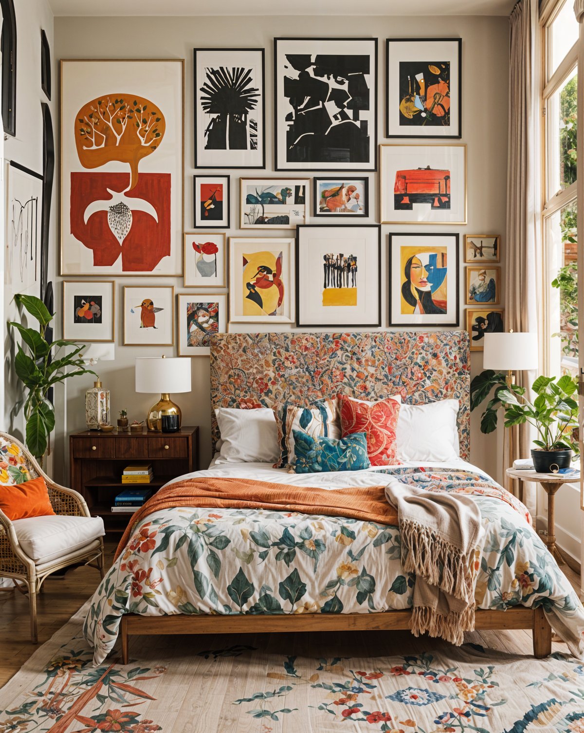 A bedroom with a large bed, eclectic art, and a floral bedspread.