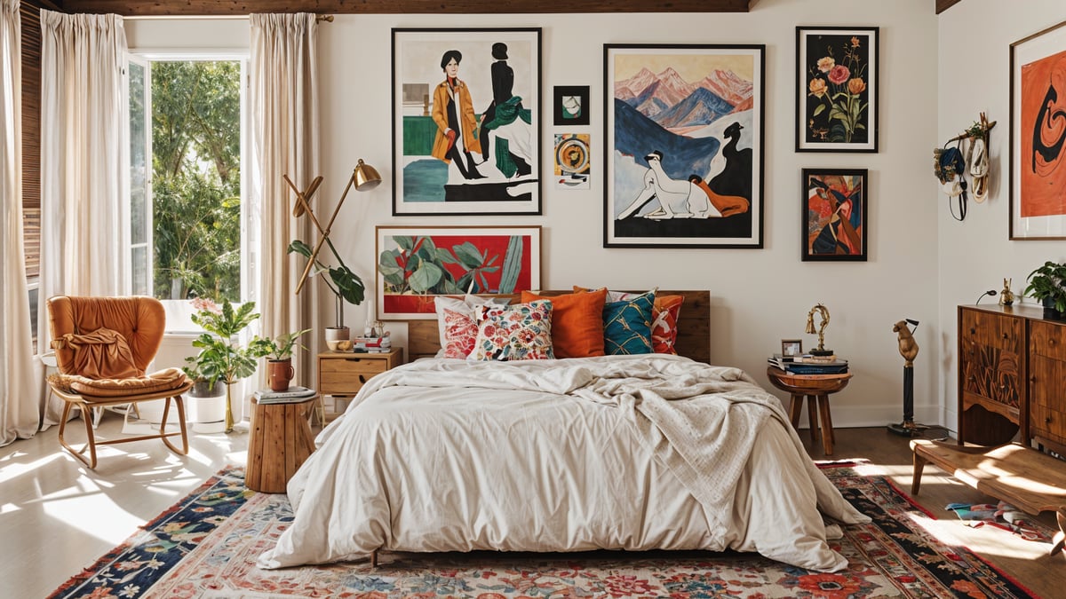 A bedroom with a large bed, white comforter, and eclectic artwork on the walls.