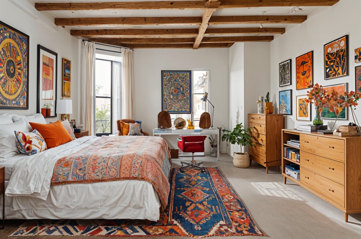 Eclectic bedroom with a large bed, chair, dresser, and window. The room is decorated with colorful rugs and a potted plant.