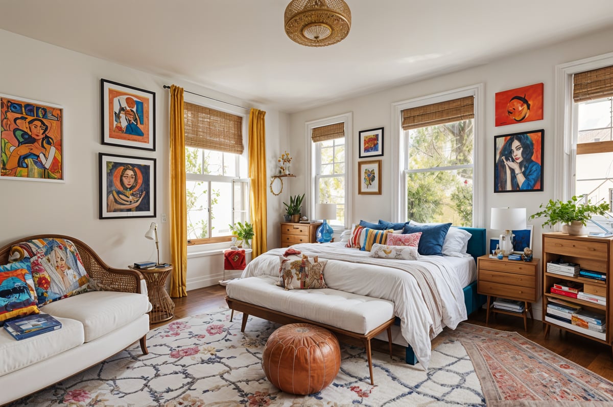 Eclectic bedroom with a large bed, bench, chair, and various art pieces.