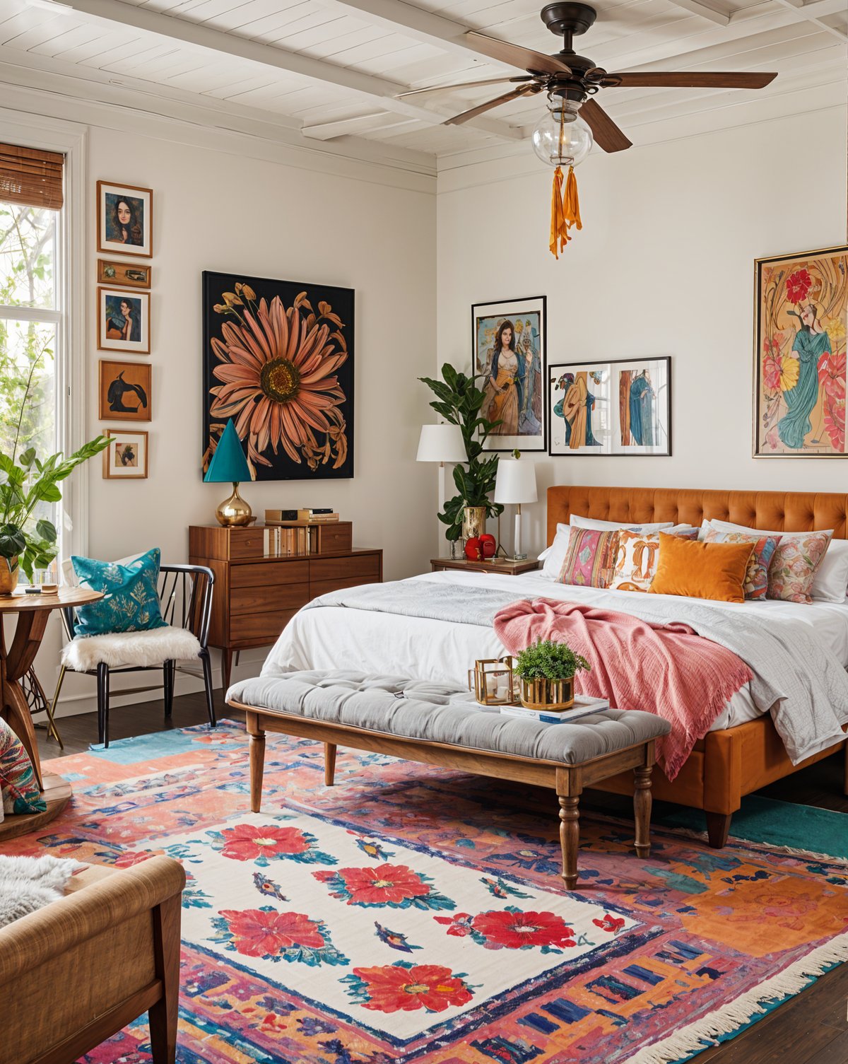 Eclectic bedroom with a large bed, bench, chair, art pieces, potted plants, and vases.