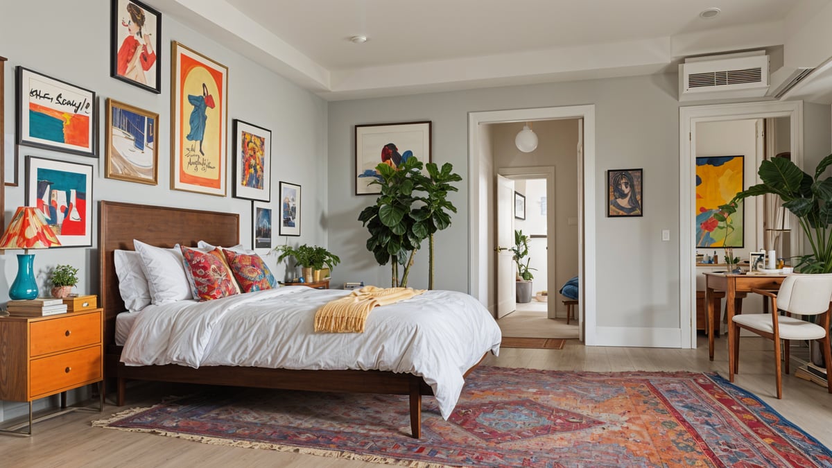 A bedroom with an eclectic design, featuring a large bed, a potted plant, and various art pieces on the walls.