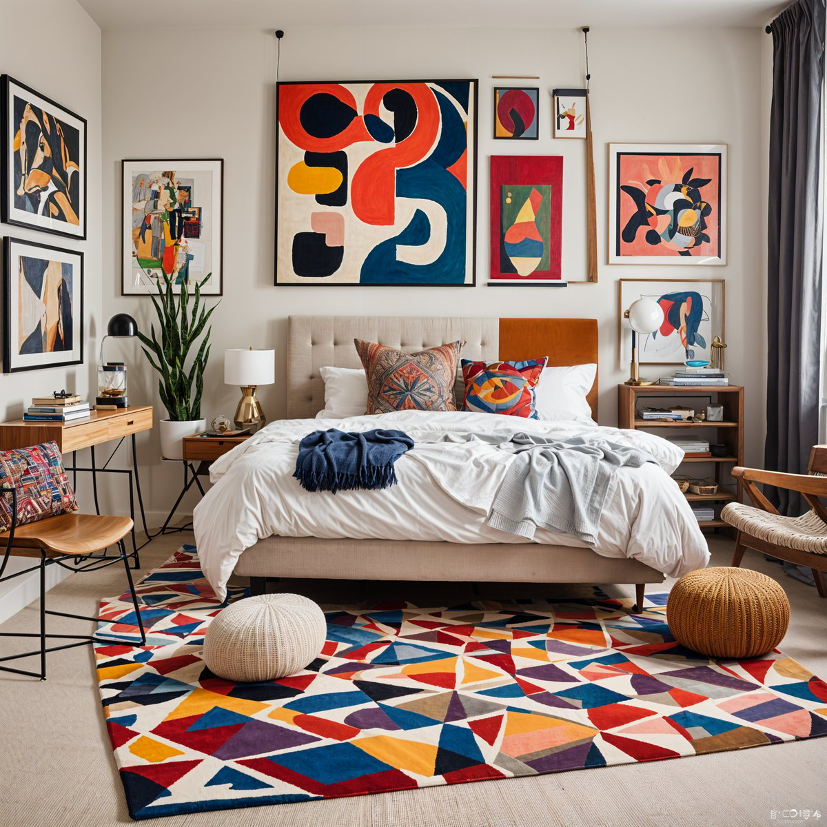 Bedroom with a bed, rug, and pictures on the wall.