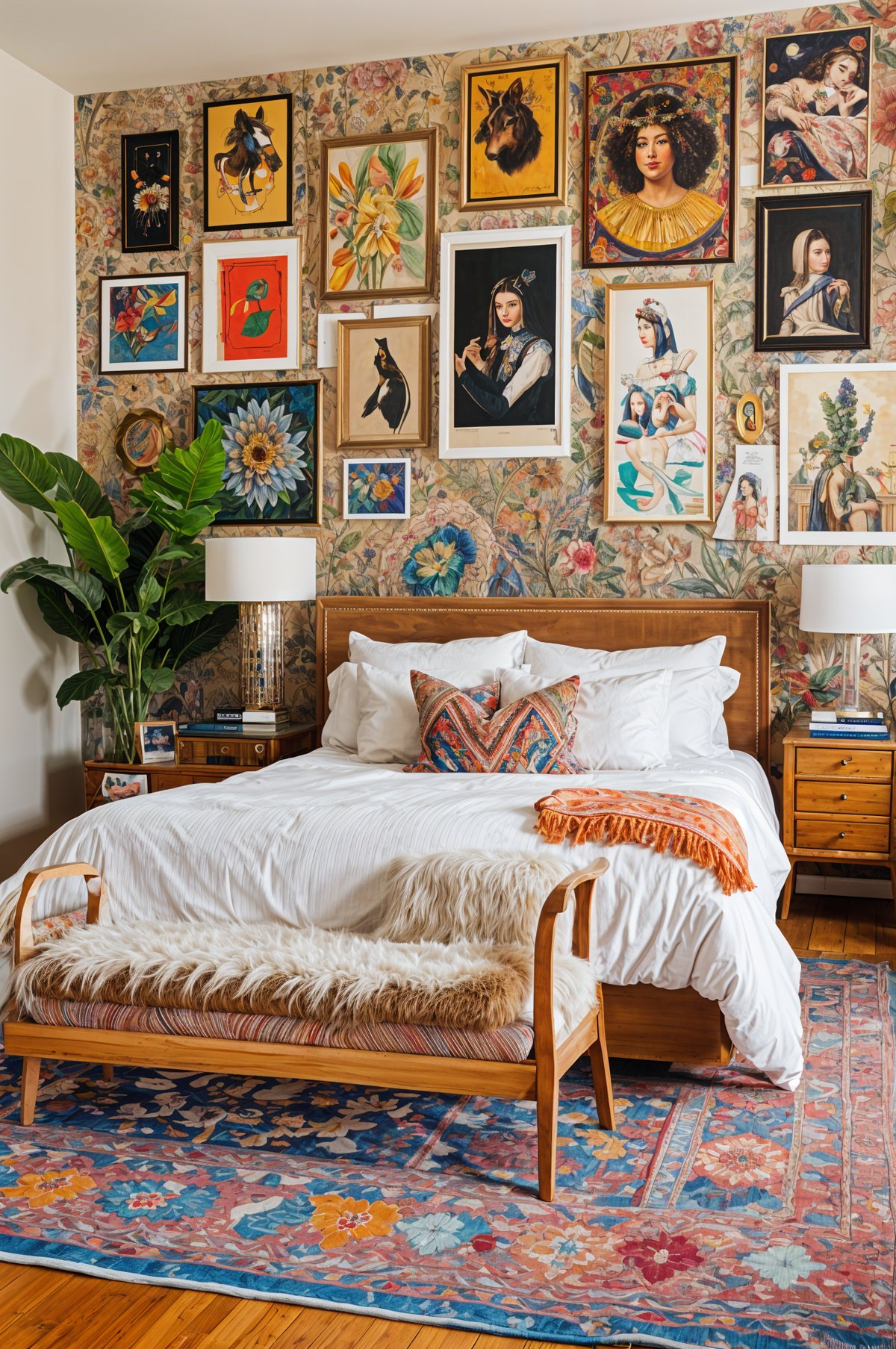 A bedroom with a bed and chair, featuring eclectic design elements such as colorful wallpaper and artwork on the walls.