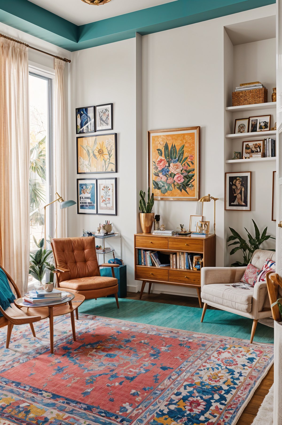 An eclectic living room with a mix of furniture, artwork, and plants.