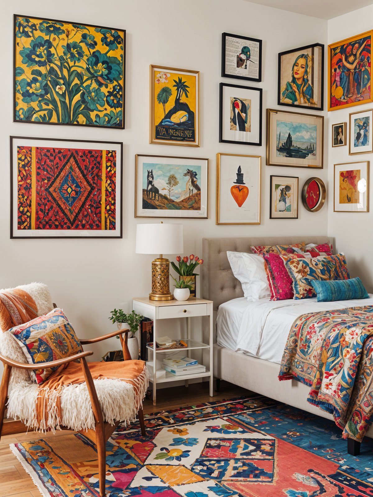 A cozy eclectic bedroom with a bed, chair, and artwork on the walls.