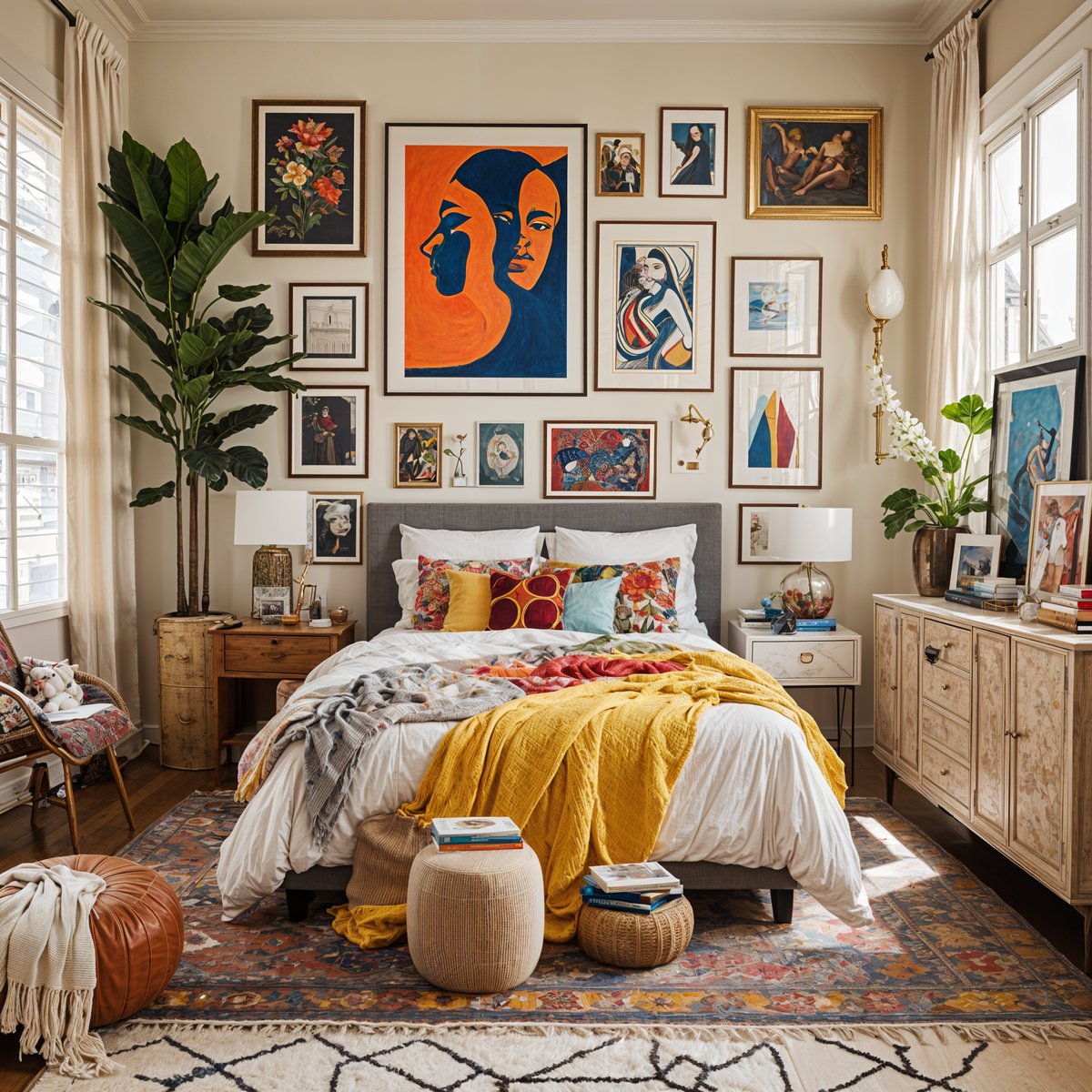 A bedroom with an eclectic design style, featuring a large bed, a rug, and a collection of artwork on the walls. The room also includes a potted plant and a chair.