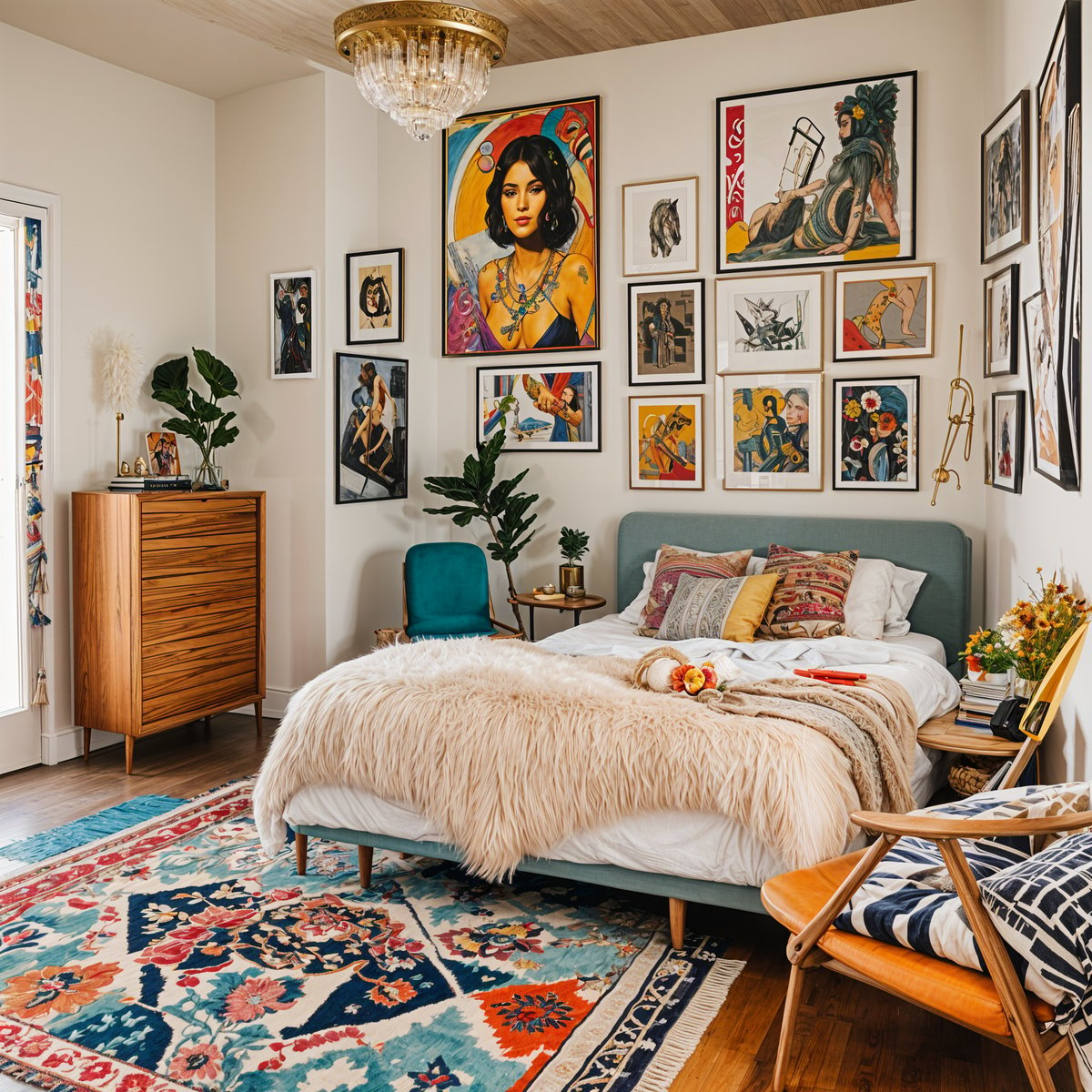 An eclectic bedroom with a white comforter, fur throw, and many pictures on the walls.