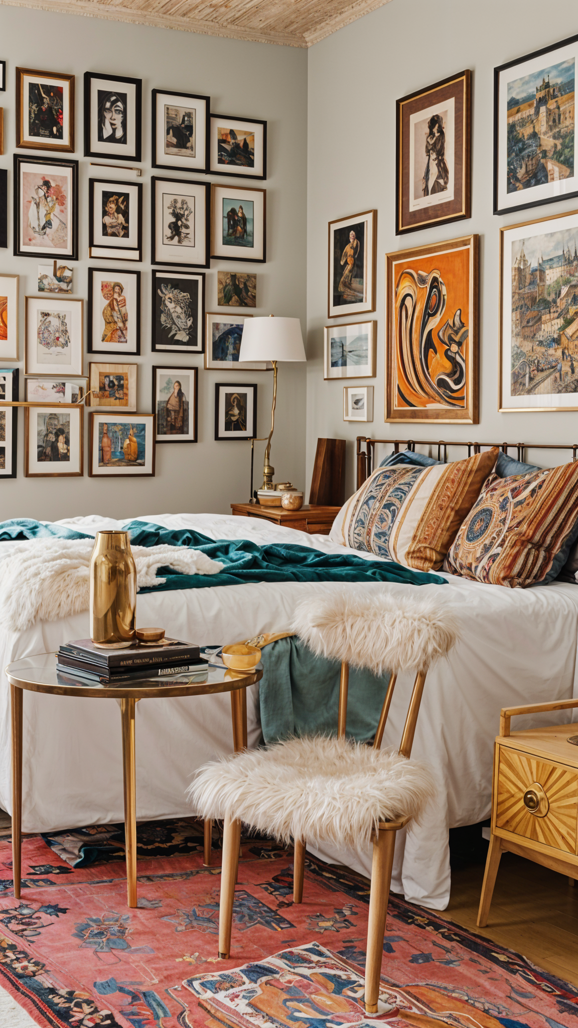 A cozy bedroom with eclectic artwork and a large bed with colorful pillows.