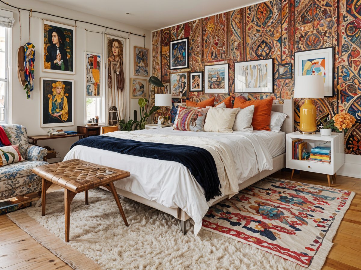 Eclectic bedroom with a white comforter and black throw on the bed. The walls are adorned with numerous pictures and artwork, creating a vibrant and unique atmosphere.