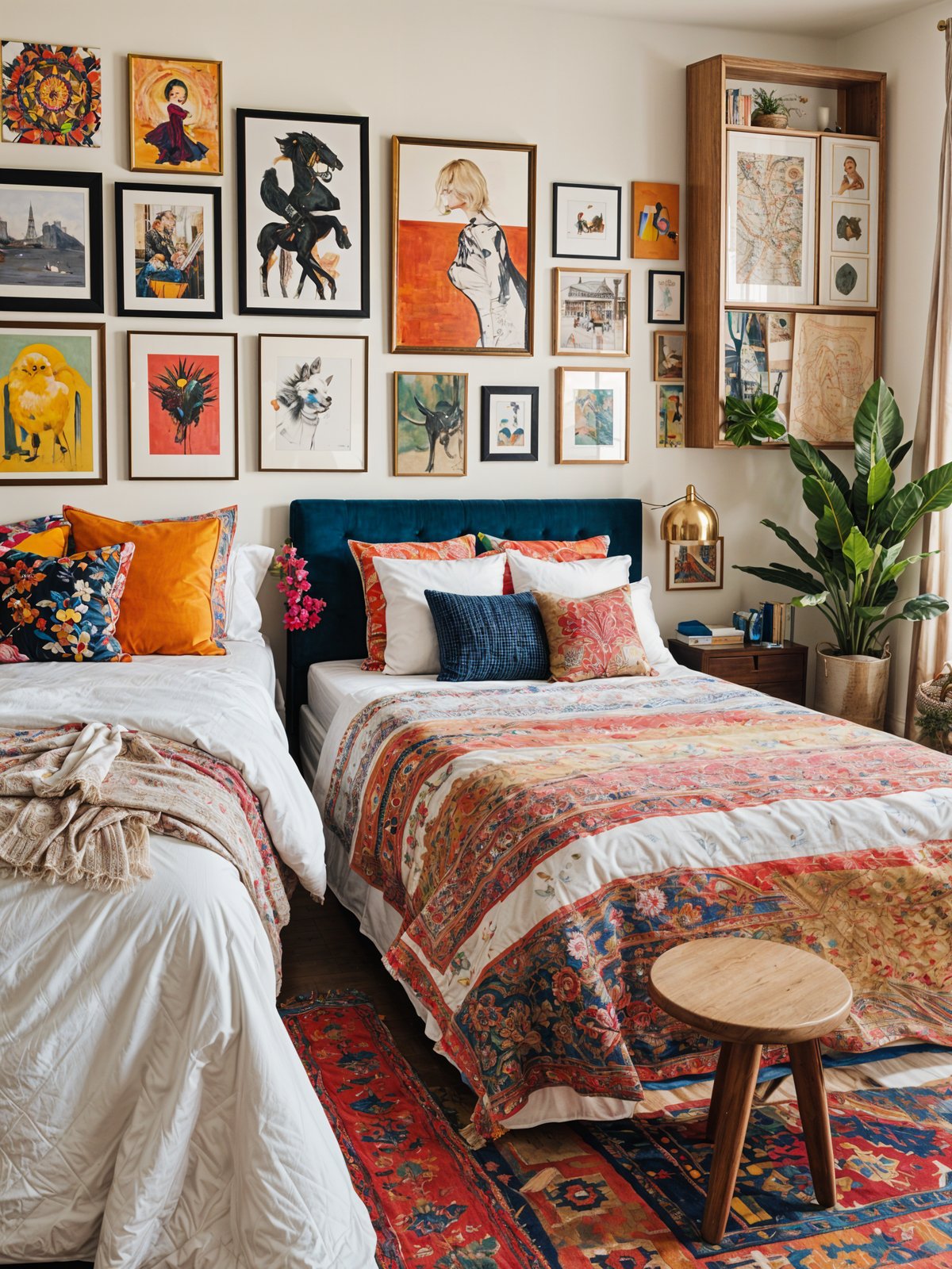 A bedroom with two beds and eclectic artwork on the walls.