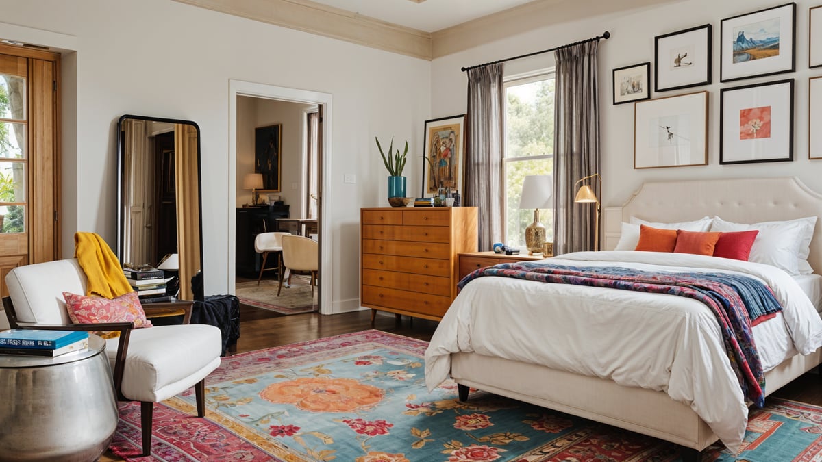 A large bedroom with a colorful and eclectic design, featuring a rug with a floral pattern and a striped blanket on the bed. The room also contains a chair, a potted plant, and a vase.