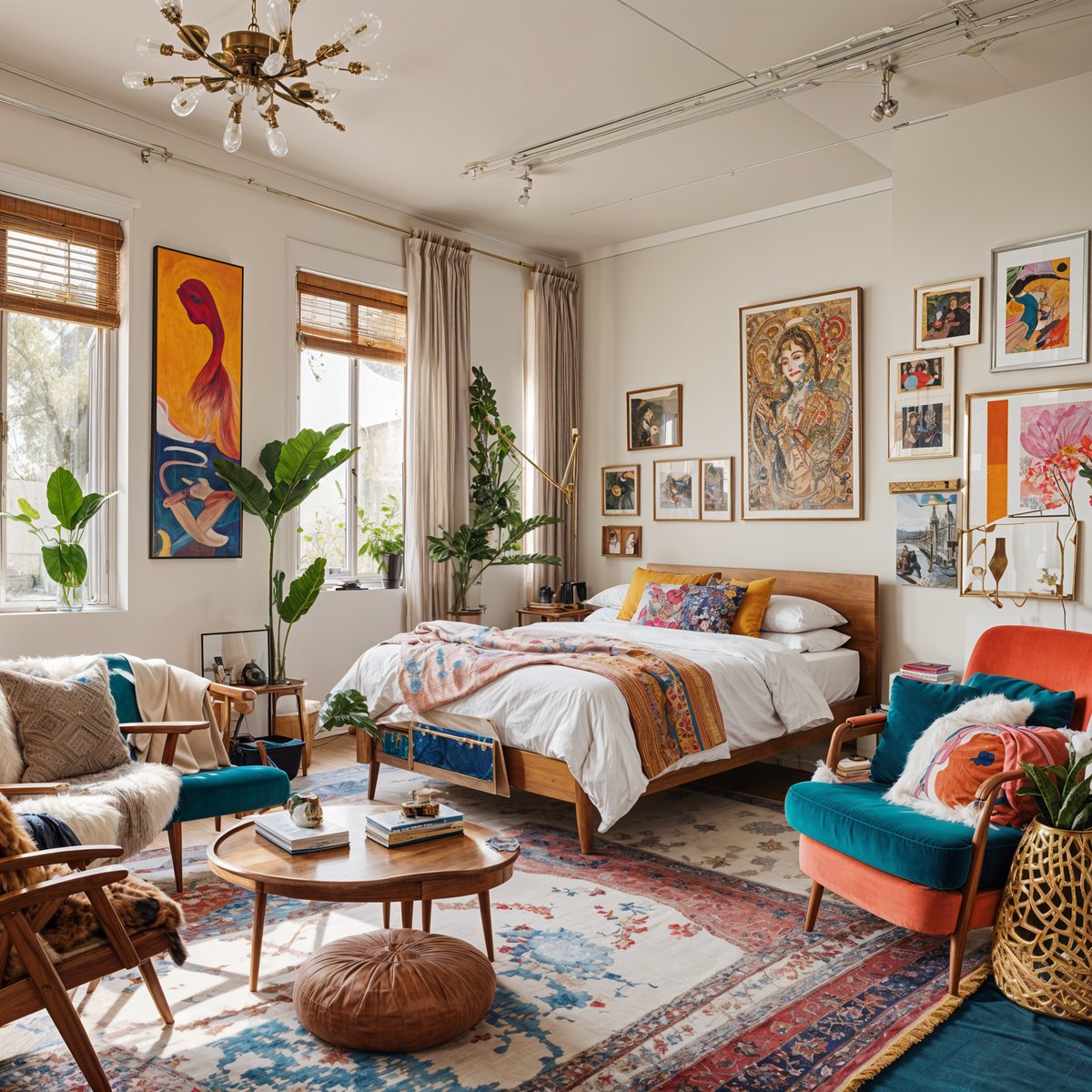 Eclectic living room with a bed, couch, chairs, and dining table