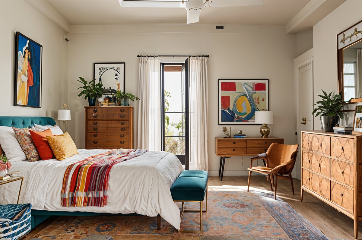 A cozy eclectic bedroom with a striped bedspread, green bench, and artworks on the wall.