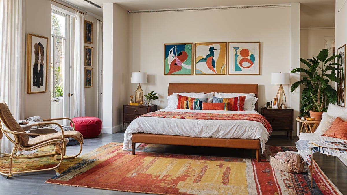 A large bed with a wooden headboard and a colorful comforter, surrounded by eclectic artwork and a rug.