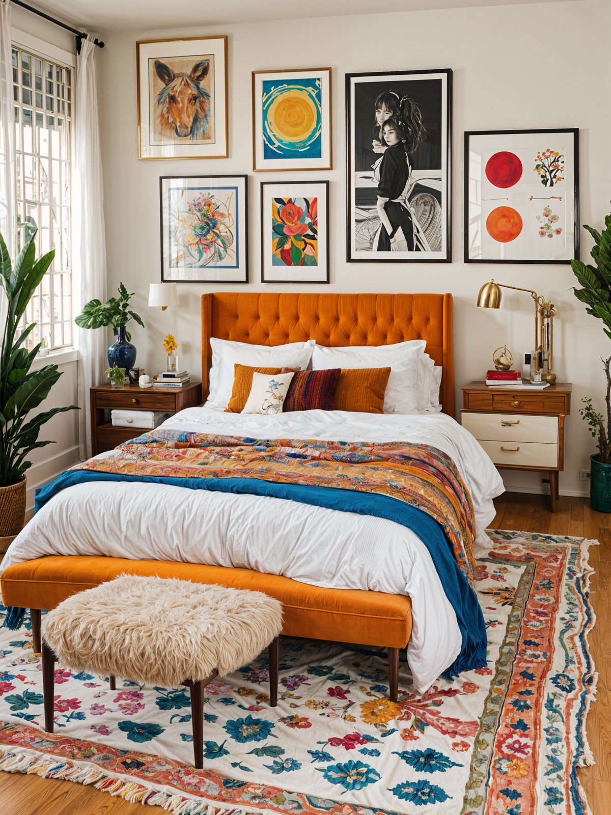 A bedroom with a large bed, wooden headboard, rug, dresser, nightstand, and lamps. The room is decorated in an eclectic style with various pictures on the walls.