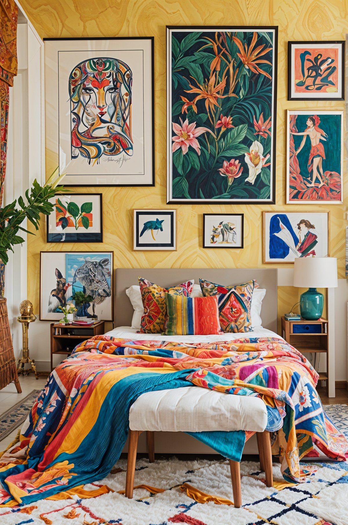 Colorful bedroom with eclectic artwork on the walls