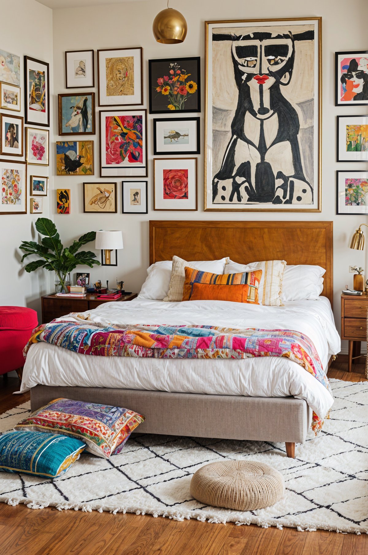 A bedroom with a large bed, colorful quilt, and eclectic art pieces on the walls.