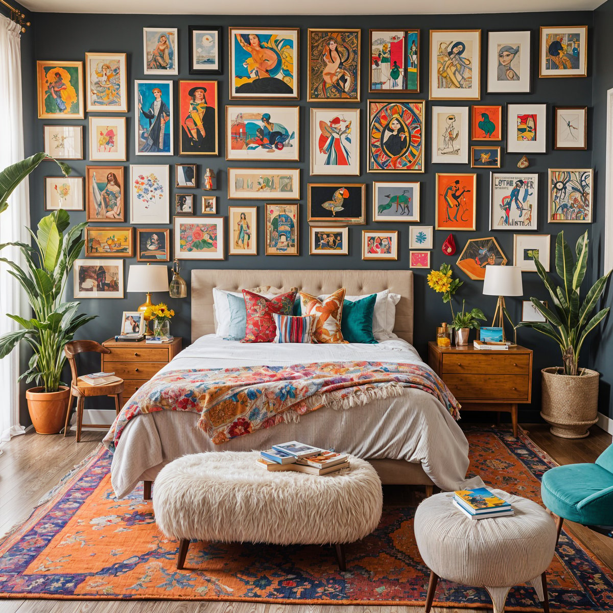 Colorful bedroom with eclectic design style and a large collection of pictures on the wall.