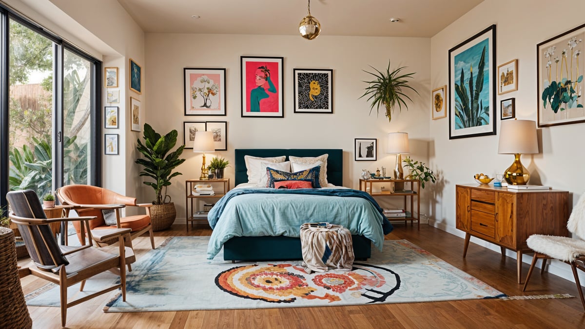 A cozy eclectic bedroom with a large bed, rug, and various art pieces on the wall.