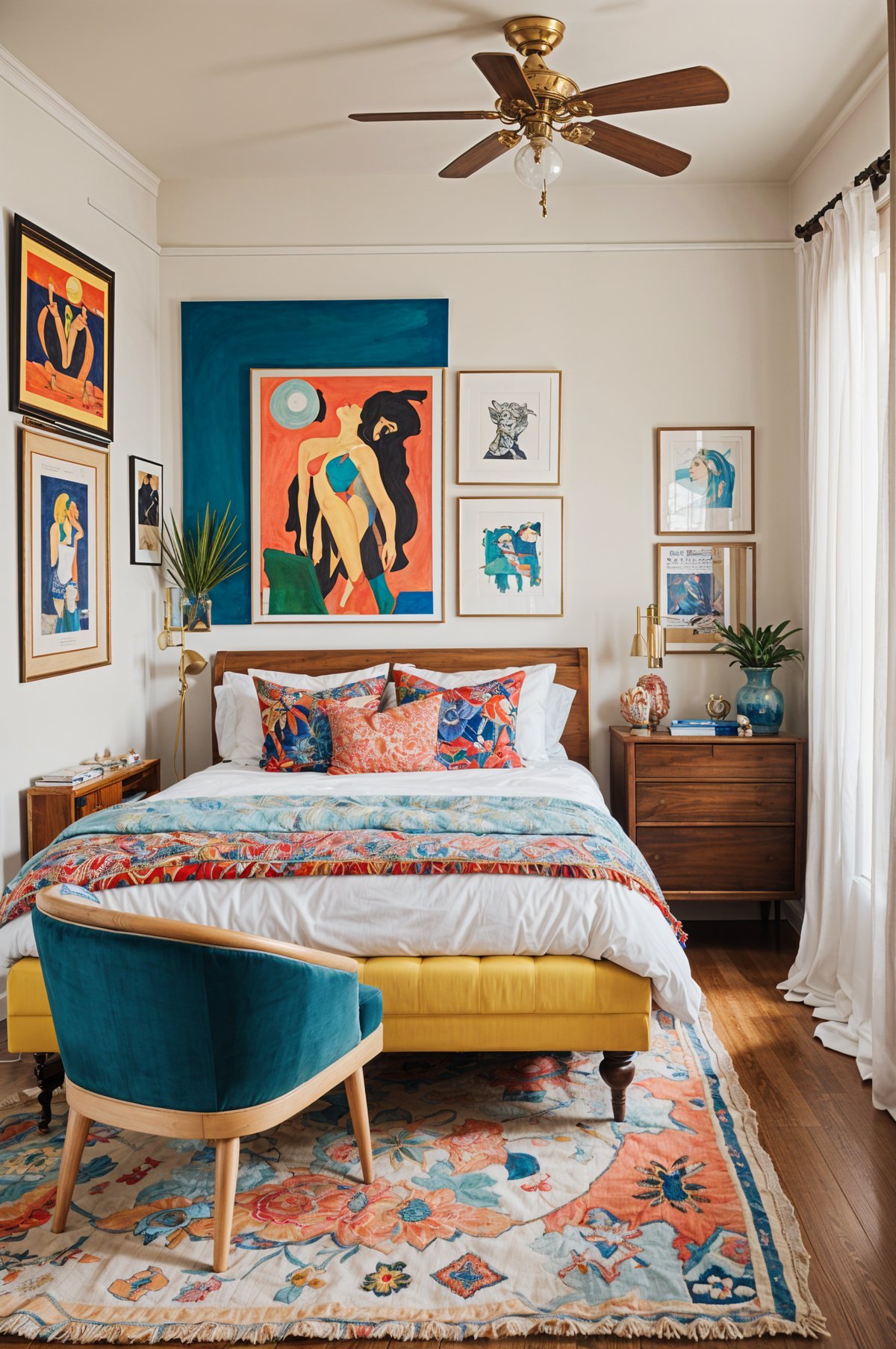 An eclectic bedroom with a colorful bed and various decorative elements.