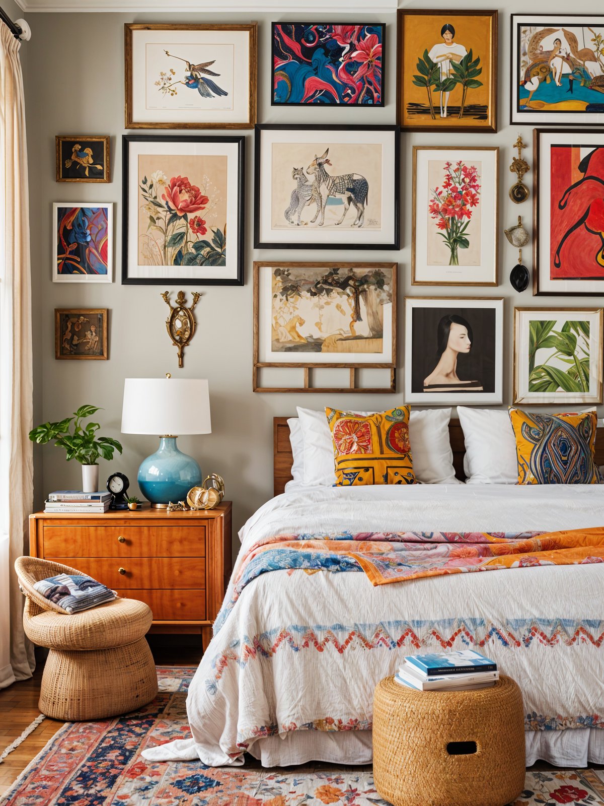 A bedroom with a large bed, surrounded by artwork and decorative elements, creating an eclectic and cozy atmosphere.